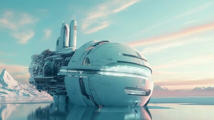 Wall Mural - futuristic spaceship hovering over frozen planet during sunset