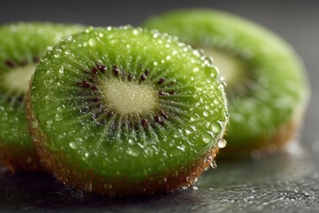 Wall Mural - Fresh kiwi slices glistening with water droplets on a dark surface, showcasing natural texture and vibrant color