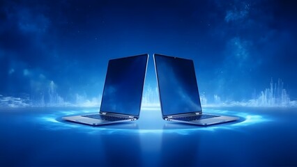 Two laptops with blue background