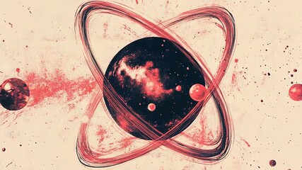 Wall Mural - red planet rotating with multiple orbital rings and small moons orbiting around it