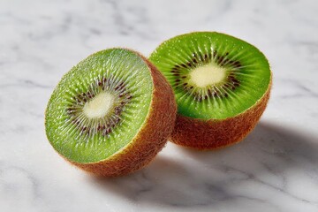 Wall Mural - Freshly cut kiwi fruit halves displaying vibrant green color and unique texture on a marble countertop