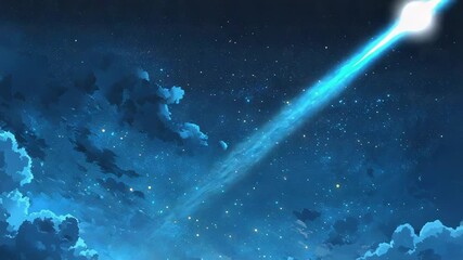 Wall Mural - bright comet flying over dramatic clouds and starry sky