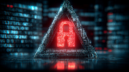 a glowing red padlock forms within a triangular matrix of shimmering code, warning of critical cyber