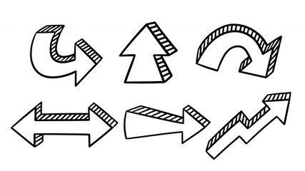 Set of 6 graffiti arrows, hand drawn doodle arrows on a white background