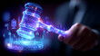 © kaliel - A holographic gavel forged from streaming binary code descends in judgment, illustrating digital law, regulatory compliance, and the governance of emerging technologies.