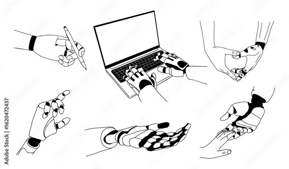 Hands Using Computer Drawing Set of robotic hands interacting with human hands, typing on a laptop ...