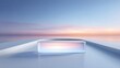 © pixelstoock - Serene Sunset Horizon Background with Modern Clear Glass Podium on Reflective Platform