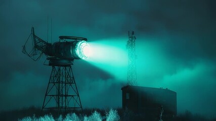 Wall Mural - futuristic antenna sending mysterious signal in a foggy night