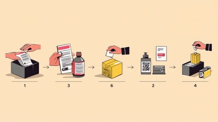 A visual guide showing step-by-step return process, featuring hands packaging an item, sealing the box, and scanning a code, style flat vector