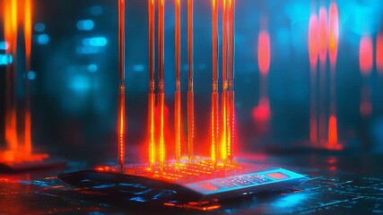 Wall Mural - futuristic device charging with glowing rods in cyberpunk city