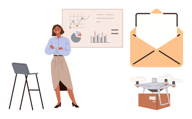 Wall Mural - woman presenting charts on board, drone delivering package, letter in envelope, and empty chair. ide