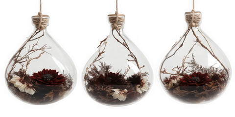 Three hanging glass terrariums on transparent png background