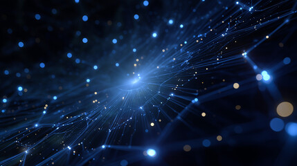 Digital Network: A mesmerizing visualization of an interconnected digital network, with glowing nodes and ethereal connections weaving across a deep, dark space.