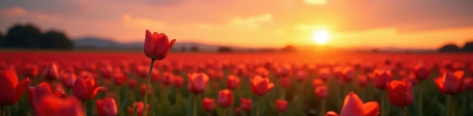 Wall Mural - Sunset casts long shadows on a single dying tulip in a vibrant field , macro, floral photography