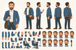 © Koris - Versatile male character design sheet in a blue suit, showing multiple poses, angles, gestures, and expressions. Ideal for animation, explainer videos, business illustrations, and storytelling.