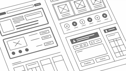 Wireframe of a website layout with various elements, including text boxes, buttons, and navigation menus, isolated on white background