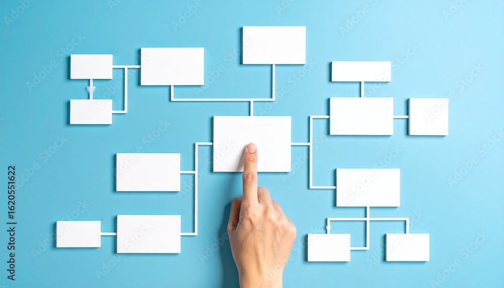 Hand pointing at a flowchart diagram showing process steps and ...