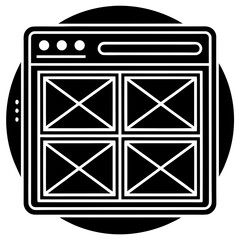web page wireframe icon with four content blocks, representing website design and layout, isolated o