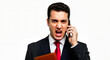 © DEGE - Angry Brazilian businessman shouting on the phone while holding a document isolated on a white background career