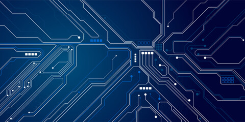 Thin circuit trace lines in blue on a dark technology background. Abstract digital tech bg. Electronics and computer technology concept. Chip and circuit board. Vector illustration. Chip connectors.