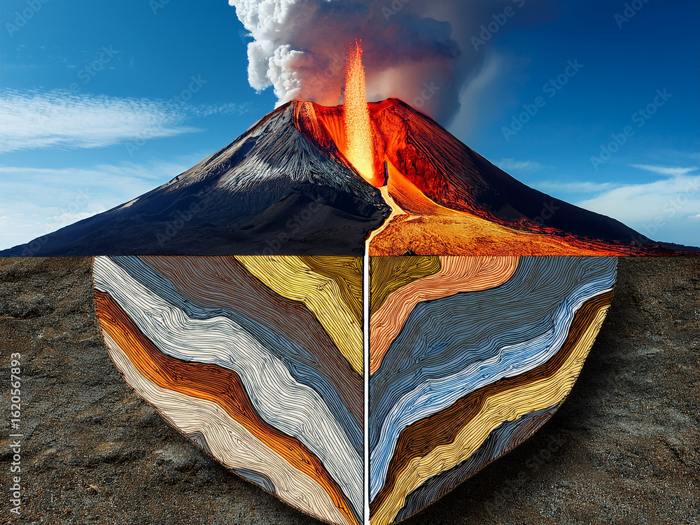 Volcano anatomy diagram showing eruption and lava stream Educational ...