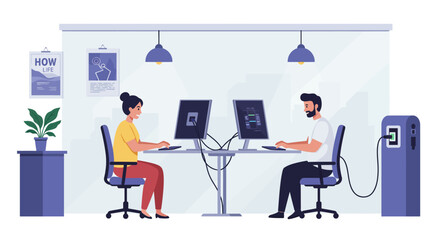 Two People Working on Computers in Office Setting.