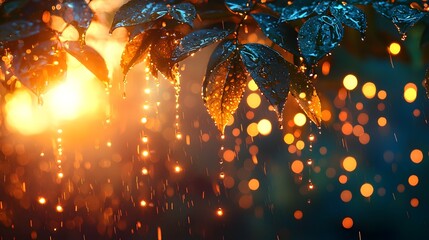 Wall Mural - glowing water droplets in a magical forest at sunset