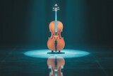 Elegant cello illuminated by a spotlight on a reflective stage