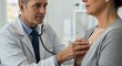 © MT - Mature doctor listening to a patient's chest with a stethoscope. General practitioner doing a medical examination on a woman in a clinic.