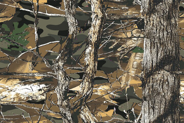 A vector camouflage pattern with an oak tree theme, featuring leaves and branches in earthy tones against a background of brown foliage for hunting or outdoor activities
