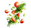 © habi - Fresh salad ingredients levitating against transparent background with tomatoes lettuce and herbs
