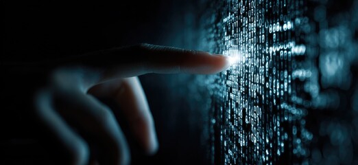 Finger pointing at glowing digital code on a dark surface