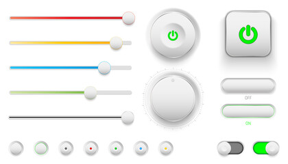 realistic set of neumorphism ui elements, including sliders, buttons, toggles, and dials, with subtl