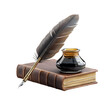 © Ruby - feather quill and ink pot resting on a book on transparent background.