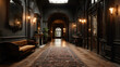 © john - Grand hall of an old mansion with warm lighting and a vintage carpet