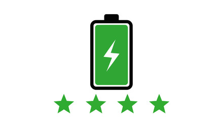 Green battery icon with four stars indicating full charge, isolated on white background