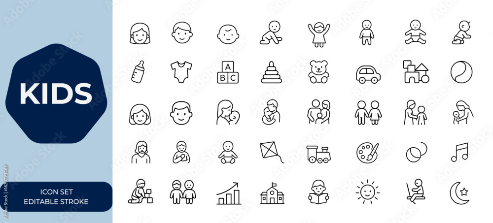 Kids Stack Outline kids Outline linear icon set, editable stroke vector illustrations ...