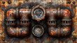 © shamim - A close up of rusty pipes and a gauge mounted on a weathered metallic surface backdrop