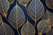 © ASHRAFURRAHMAN - Intricate golden skeletonized leaf patterns with visible veins against a dark navy blue background, creating an elegant and luxurious decorative design