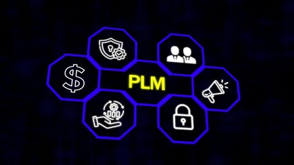 PLM Product lifecycle management system technology concept. Technology, Internet and network concept. Abstract technology symbols on a blue background.