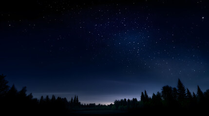 Wall Mural - Starlit Nightscape: The silhouette of trees meets a vast expanse of a dark blue night sky. Stars twinkle, an endless display of celestial beauty. A moment of peace and wonder.