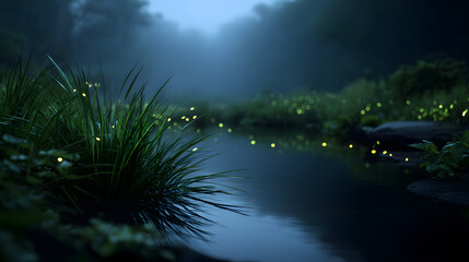 Wall Mural - Enchanting Fireflies at Twilight: A serene twilight scene unfolds as fireflies illuminate a tranquil riverbank, casting an ethereal glow amidst the lush greenery.