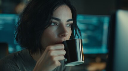 Female developer sipping coffee while coding late, illuminated by computer screen in dimly lit workspace