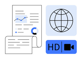 Wall Mural - documents with charts and data, globe representing connectivity, hd video icon. ideal for business d