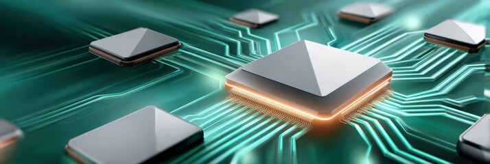 Wall Mural - close-up of an illuminated circuit board with futuristic electronic components