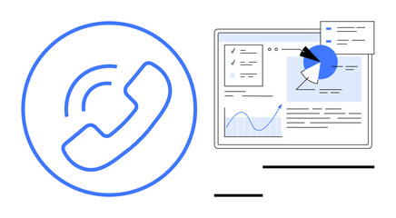Wall Mural - phone call icon next to an analytical dashboard with graphs, charts, and report elements. ideal for 