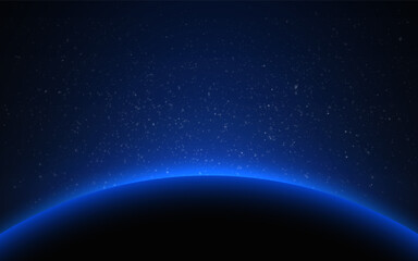 Wall Mural - space background with glowing blue horizon of a planet and starry sky. space sunrise effect. deep un