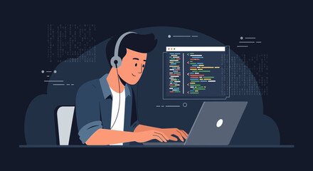 Illustration of a software developer working on a laptop with code displayed on screen