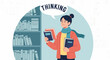 © Nur - Illustration of a young woman in library surrounded by books and thinking process