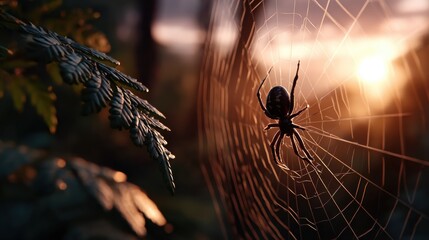 A spider on a web against an orange sunset, creating a spooky Halloween ambiance. Ideal for festive decorations and eerie displays.